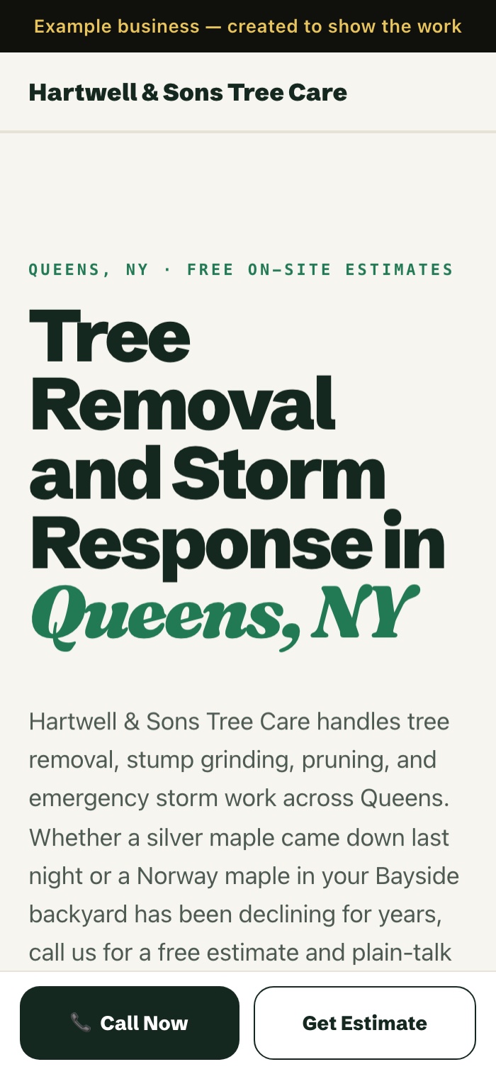 Mobile homepage of Hartwell & Sons Tree Care &mdash; Queens tree removal and storm response, phone and Call Now above the fold