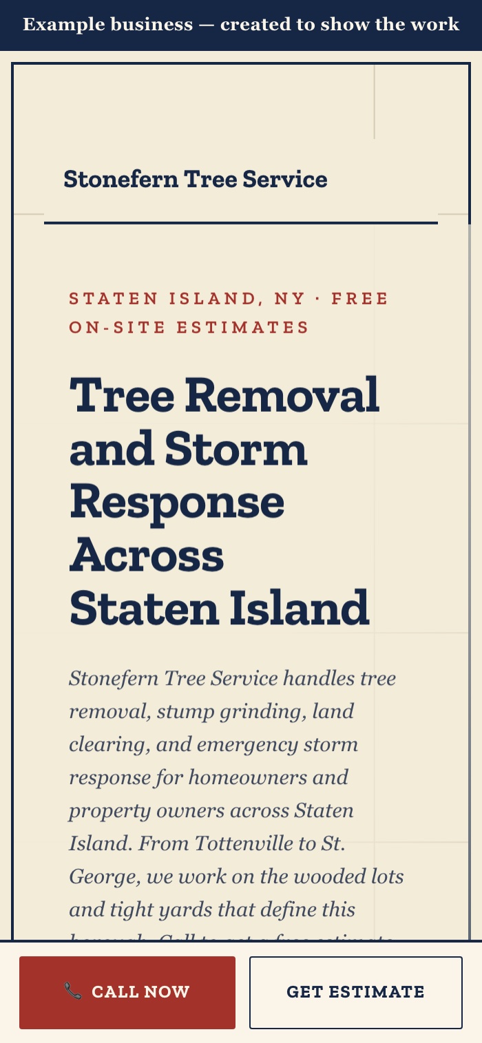 Mobile homepage of Stonefern Tree Service &mdash; Staten Island tree removal and storm response, phone and Call Now above the fold